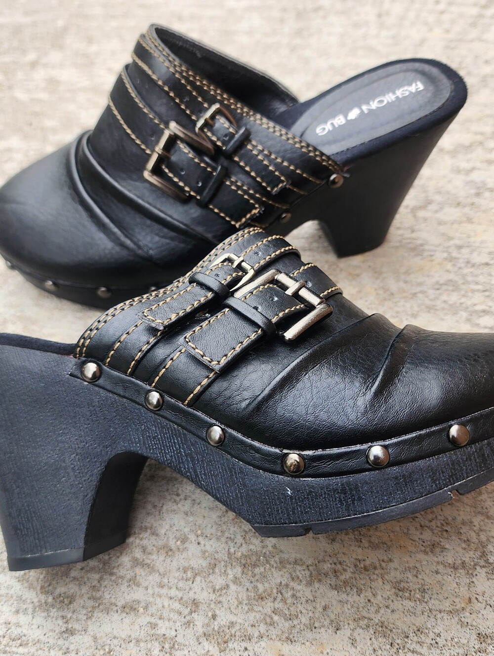 Y2K 90s Fashion Bug Platform‎ Black Studded Buckle Clogs, Grunge Goth Sz 8.5 W